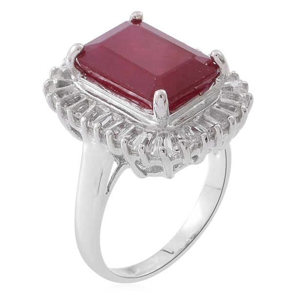 Limited Edition-Rare Size African Ruby (Oct 14x10 mm), White Topaz Ring in Rhodium Plated Sterling Silver 14.250 Ct. Silver wt 6.20 Gms.