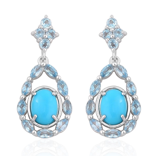 Arizona Sleeping Beauty Turquoise (Ovl), Swiss Blue Topaz Earrings (with Push Back) in Platinum Over