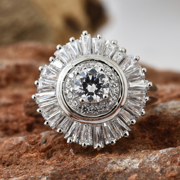 Lustro Stella Made with Finest CZ Halo Ring Platinum Plated Silver