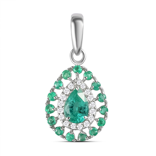 9K White Gold AA Zambian Emerald and Diamond Pendant 1.05 Ct.