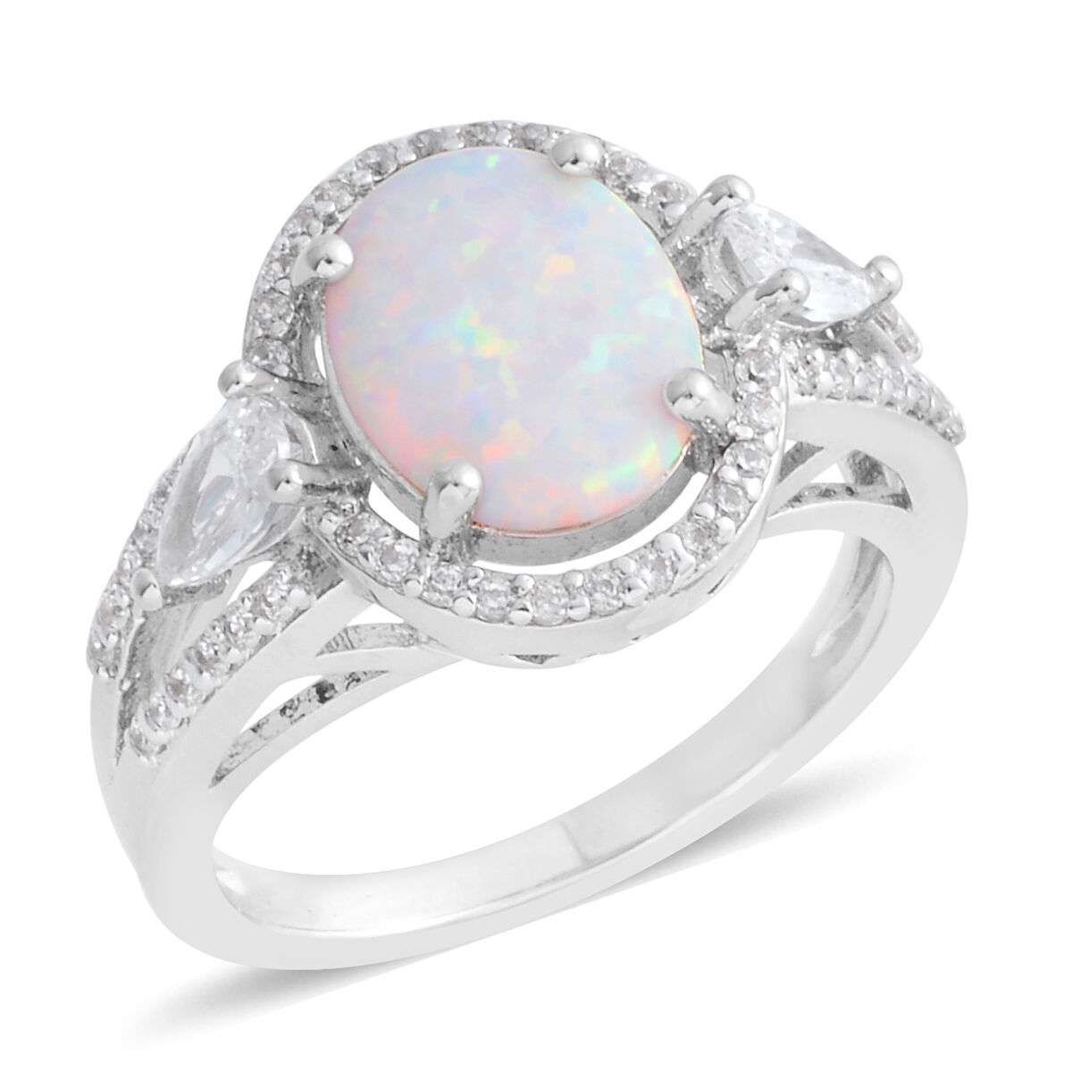New Concept - Simulated Opal (Oval), Simulated Diamond Ring in Silver Plated