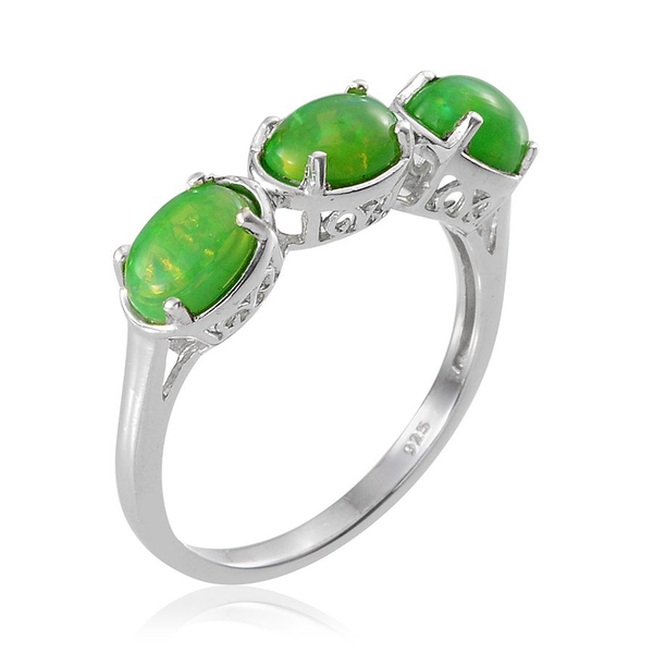 Green Ethiopian Opal (Ovl) Trilogy Ring in Platinum Overlay Sterling Silver 1.750 Ct.