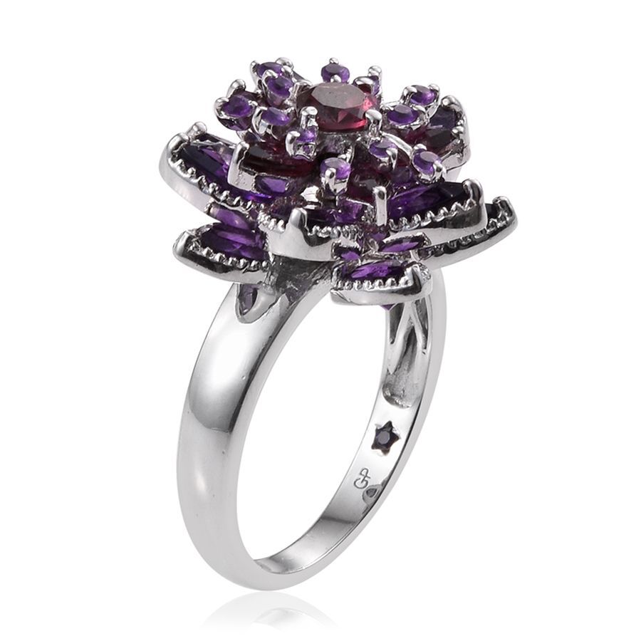 GP Rhodolite Garnet (Rnd 0.75 Ct), Amethyst and Kanchanaburi Blue Sapphire Floral Ring in Platinum Overlay Sterling Silver 7.500 Ct.
