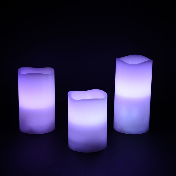 Set of 3 - 12 Colour Changing LED Flameless Wax Blowing White Colour Candles with a Remote Control (Size 7.5x10- 7.5x12.5- 7.5x15 cm)