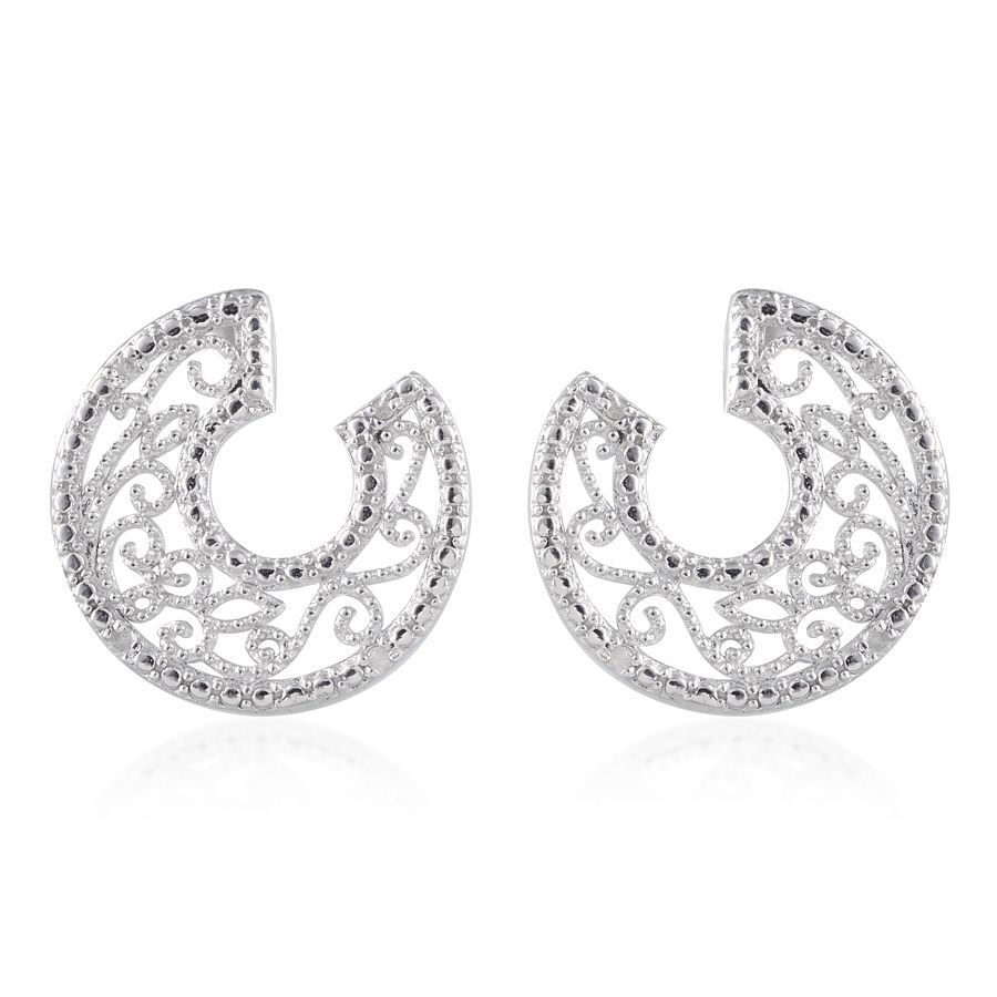 Diamond (Rnd) Filigree Earrings in Platinum Overlay Sterling Silver 0.050 Ct.