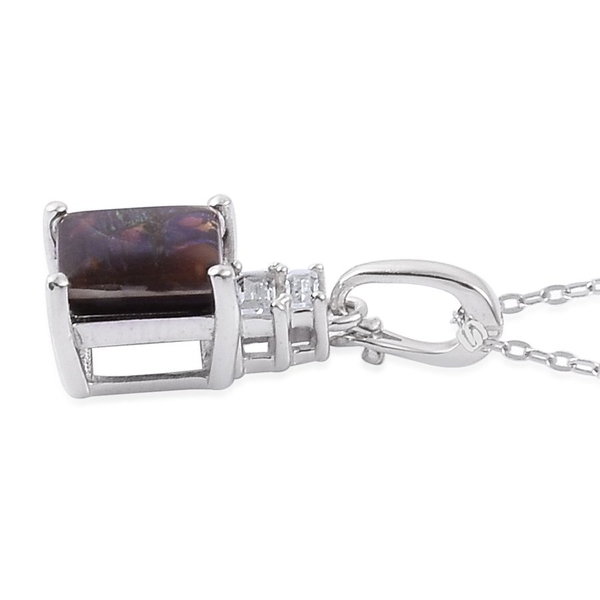 Canadian Ammolite (Sqr 1.90 Ct), White Topaz Pendant With Chain in Rhodium Plated Sterling Silver 2.050 Ct.