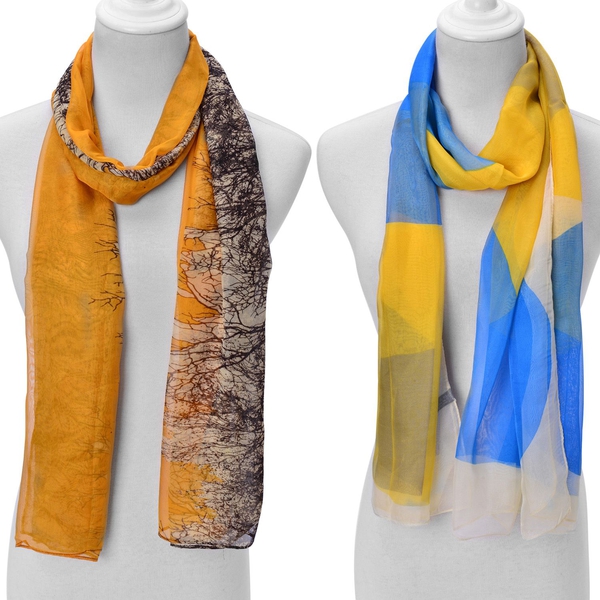 Set of 2 - Designer Inspired Tree Pattern Blue, White and Yellow Colour Printed Scarf (Size 175x70 Cm)