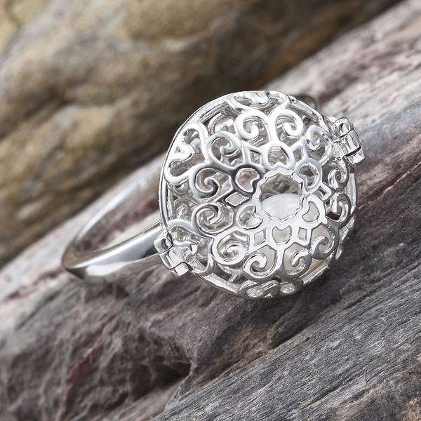 Secret-Treasure Ring Fresh Water Pearl (Rnd 6mm) Filigree Ball Ring in Platinum Overlay Sterling Silver