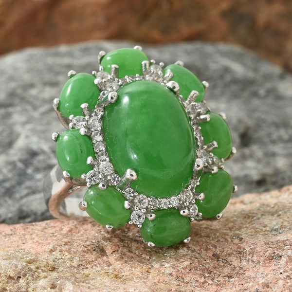 Green Jade (Ovl 14.00 Ct), Natural Cambodian Zircon Flower Ring in Platinum Overlay Sterling Silver 23.000 Ct, Silver wt 8.50 Gms.