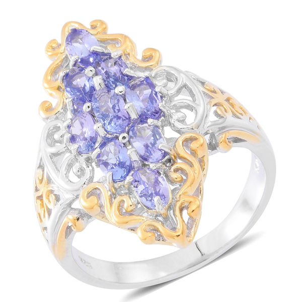 Designer Inspired Tanzanite (Ovl) Ring in Rhodium and Yellow Gold Overlay Sterling Silver 2.000 Ct.