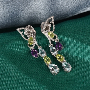 Hebei Peridot, Skyblue Topaz, Blue Sapphire and Amethyst Dangle Earrings (with Push Back) in Platinum Overlay Sterling Silver 3.51 Ct, Silver wt 5.50 Gms