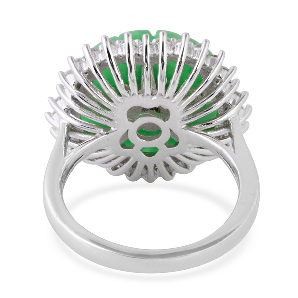 Carved Green Jade, Natural Cambodian White Zircon and Chrome Diopside Flower Ring in Rhodium Overlay Sterling Silver 10.810 Ct.