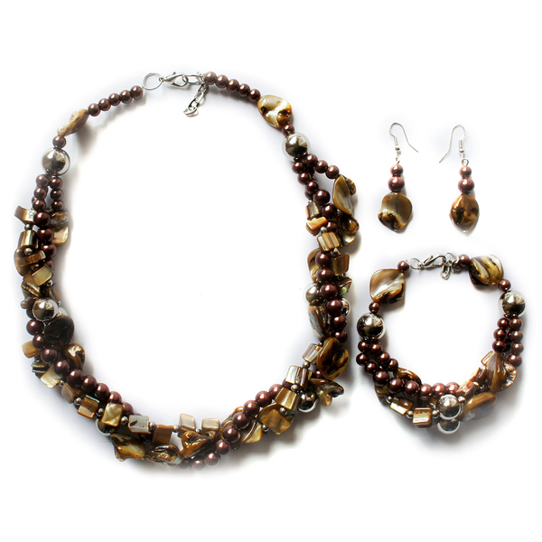 Royal Bali Collection Brown Shell, Glass Pearl Necklace (Size 20), Hook Earrings and Bracelet (Size 8.5) in Silver Tone
