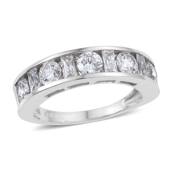 Lustro Stella - Platinum Overlay Sterling Silver (Rnd) Half Eternity Band Ring Made with Finest CZ