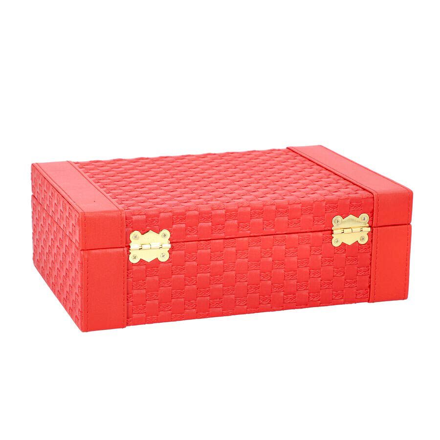 Red Colour Woven Pattern Briefcase Design Double Layer Jewellery Box with Mirror Inside (Size 27.5X18.5X9 Cm)