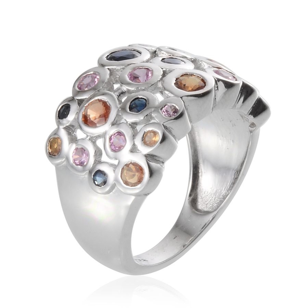 Orange Sapphire (Rnd), Kanchanaburi Blue Sapphire and Pink Sapphire Ring in Platinum Overlay Sterling Silver 2.750 Ct.