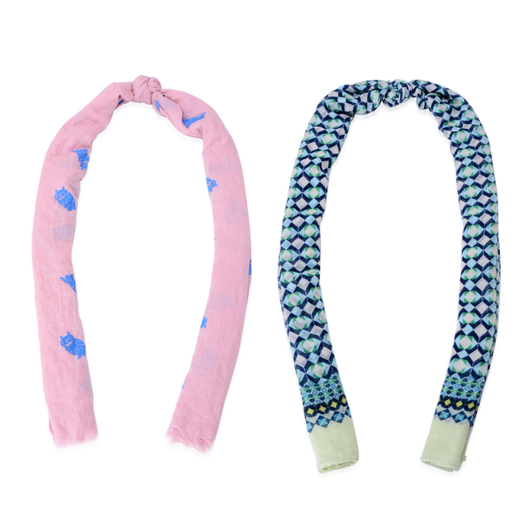 Set of 2 - Multi Colour Diamond Pattern and Royal Blue Colour Owl Pattern Pink Colour Scarf with a Hanger (Size 175x90 Cm)