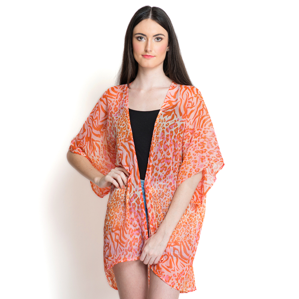 Orange and Pink Colour Printed White Colour Kimono (Free Size)