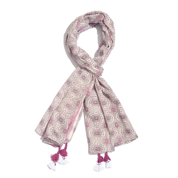 Designer Inspired - 100% Cotton Pink and White Colour Printed Scarf with Tassels (Size 210X180 Cm)