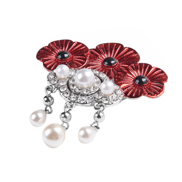 TJC Poppy Design - Simulated Pearl, White Austrian Crystal and Simulated Black Spinel Enamelled Magnetic Poppy Brooch