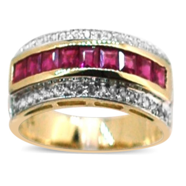 9K Y Gold AAAA Ruby (Sqr), Natural Cambodian White Zircon Ring 1.500 Ct.