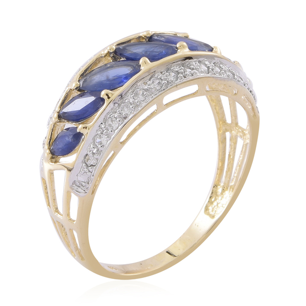 9K Yellow Gold AAA Kanchanaburi Blue Sapphire (Mrq), Natural White Cambodian Zircon Ring 3.150 Ct.