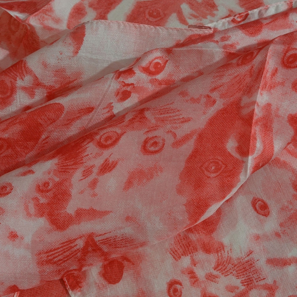 100% Mulberry Silk Red and White Colour Handscreen Cat Face Printed Scarf (Size 180X50 Cm)