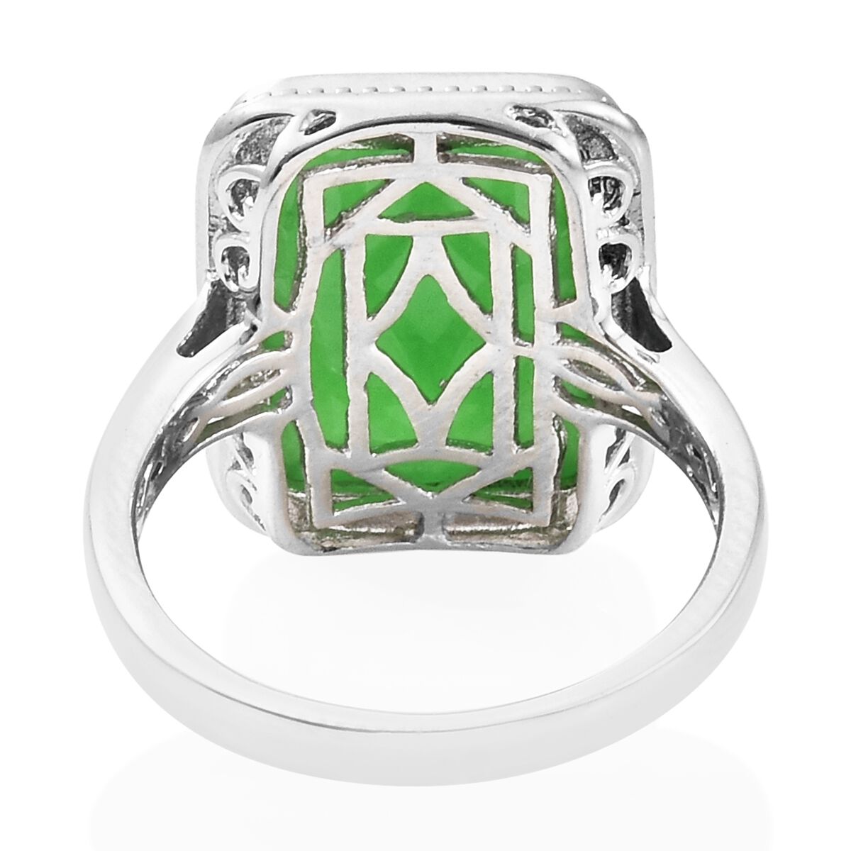 Rare Shape Green Jade (Bgt) Ring in Platinum Overlay Sterling Silver 16.500 Ct. Silver wt. 5.73 Gms.