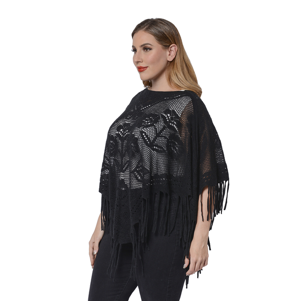 Spring Collection - Rose Pattern Hollow Out Poncho with Fringe Hem in Black (Free Size; Length 50Cm)