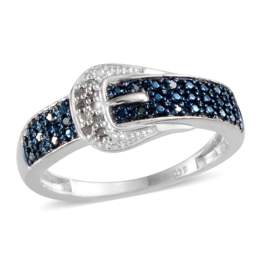 Blue Diamond (Rnd), Diamond Buckle Ring in Platinum Overlay Sterling Silver 0.100 Ct.