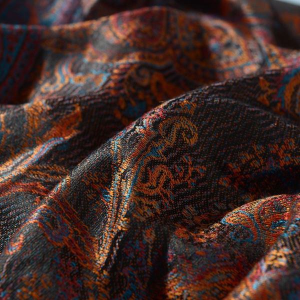 100% Superfine Silk Orange and Black Colour Jacquard Jamawar Shawl with Paisley Motifs and Fringes (Size 185x70 Cm) (Weight 125 - 140 Grams)