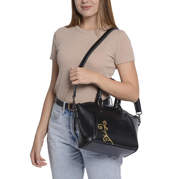 100% Genuine Leather Vine Pattern Tote Bag with Zipper Closure and Detachable and Adjustable Shoulder Strap (Size 22x13x23) - Black
