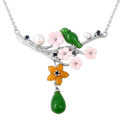 JARDIN COLLECTION 12.09 Ct Green and Yellow Jade with Multi Gemstone Floral Necklace in Rhodium