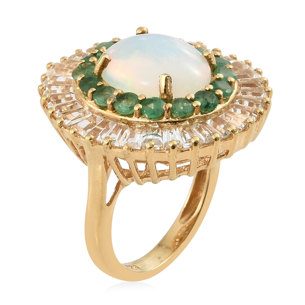 Extremely Rare Size Ethiopian Welo Opal (Ovl 12x10 mm), White Topaz and Kagem Zambian Emerald Ring in 14K Gold Overlay Sterling Silver 6.750 Ct