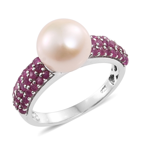 Fresh Water Pearl (Rnd 10mm), African Ruby Ring in Platinum Overlay Sterling Silver