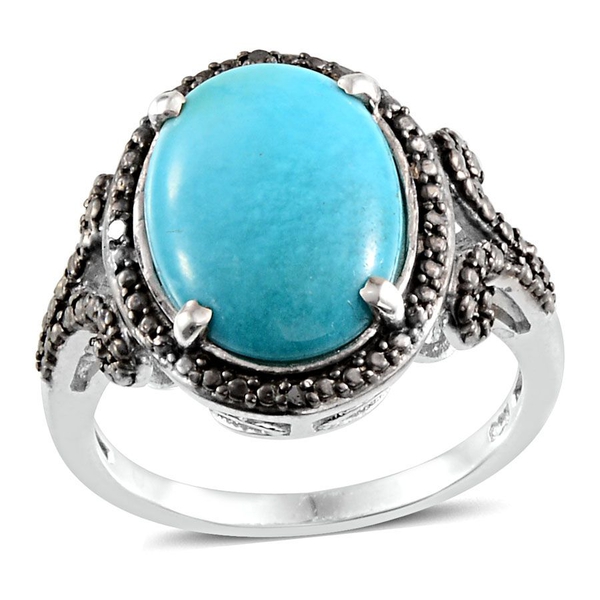 Arizona Sleeping Beauty Turquoise (Ovl 4.25 Ct), Black Diamond Ring in Platinum Overlay Sterling Sil