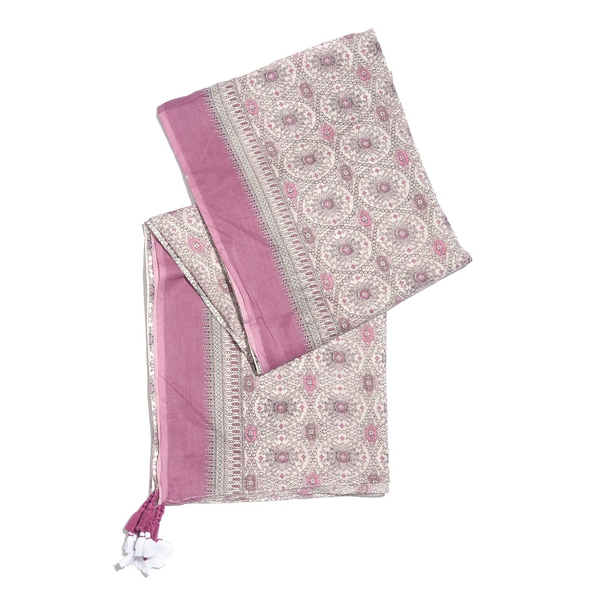 Designer Inspired - 100% Cotton Pink and White Colour Printed Scarf with Tassels (Size 210X180 Cm)