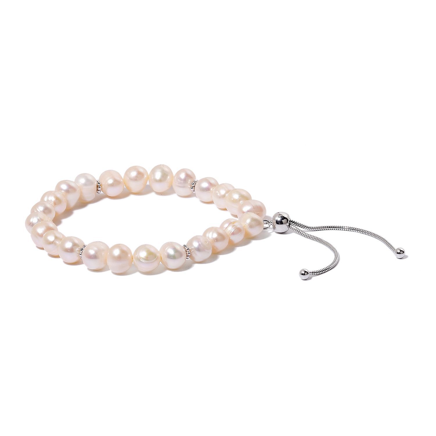 Fresh Water White Pearl Bracelet (Size 5-10 Adjustable) in Rhodium Plated Sterling Silver 75.00 Ct.
