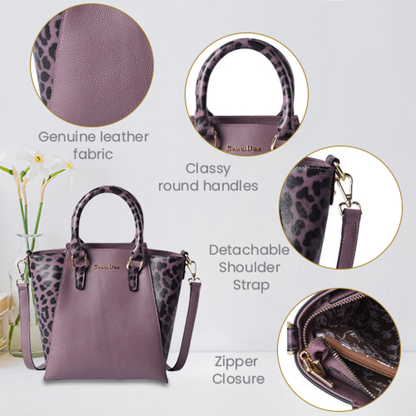 Sencillez 100% Genuine Leather Leopard Printed Handbag with Detachable Shoulder Strap (Size 23x13x26cm) - Purple
