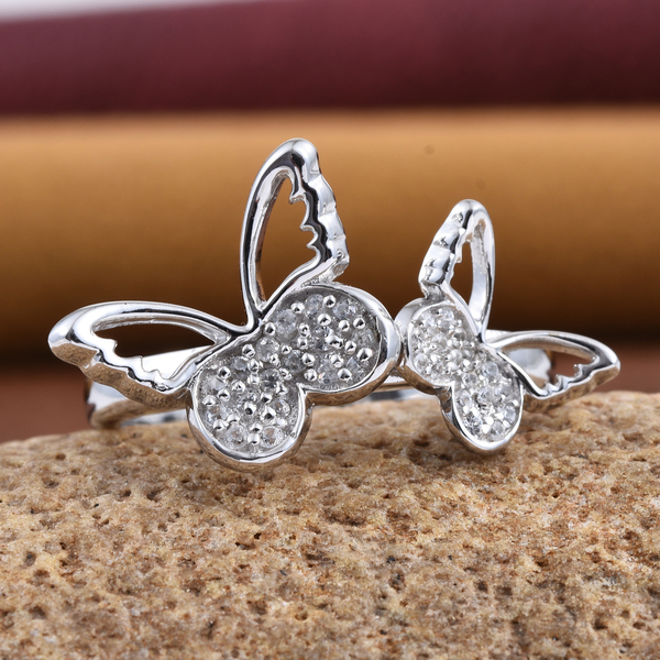 Kimberley Butterfly Collection Natural Cambodian Zircon (Rnd) Butterfly Ring in Platinum Overlay Sterling Silver