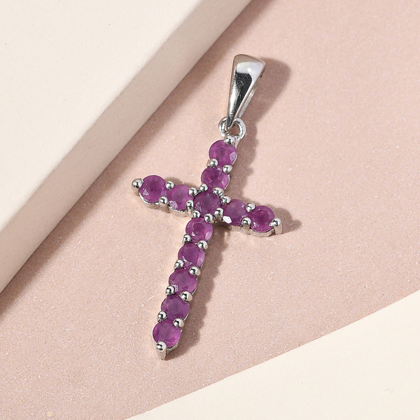 Natural Moroccan Ruby Cross Pendant in Platinum Overlay Sterling Silver 1.16 Ct.
