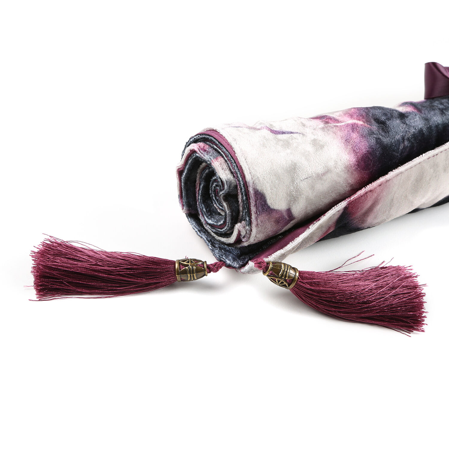 Sateen Lined Crushed Velvet Table Runner with Gardenia Print and Tassels (Size 40x160 cm)