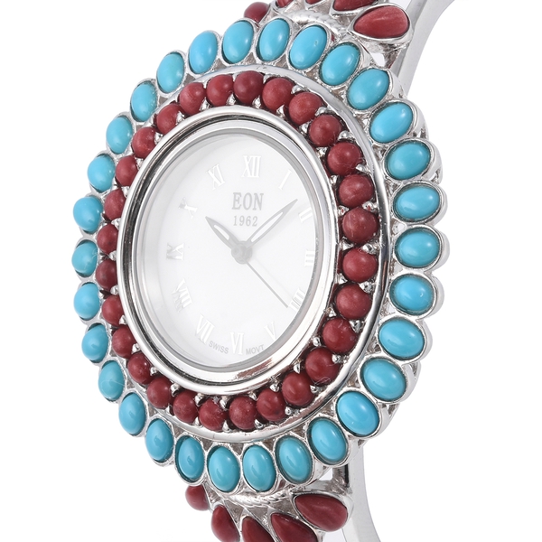 TJC Special-EON 1962 Swiss Movement Coral and Sleeping Beauty Turquoise Bangle Watch (Size 7.5) in Sterling Silver (Silver wt 29.45 Gms) 11.080 Ct.