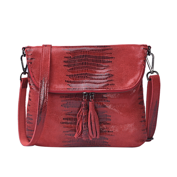 Lizard Skin Pattern 100% Genuine Leather Crossbody Bag with Detachable Shoulder Strap and Tassel (Si