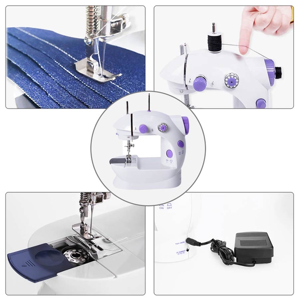 Multifunctional & Portable Mini Double Thread Sewing Machine - (Includes: 1 Needle, 1 Needle Threader, 4 Bobbins, 1 Foot Pedal & Adapter) - White & Purple