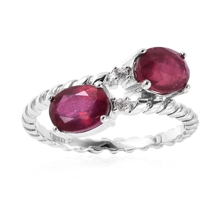 GP African Ruby (FF), Natural Cambodian Zircon and Blue Sapphire Bypass Ring in Rhodium Overlay Sterling Silver 3.74 Ct.