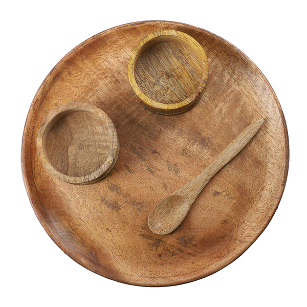 Handmade Round Wooden Platter with 2 Bowls