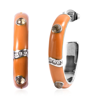 Citrine and Austrian White Crystal Orange Enamelled Hoop earrings (with Push Back) in Stainless Stee
