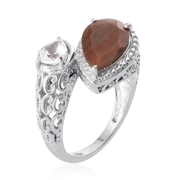Chocolate Sapphire (Pear 4.00 Ct), White Topaz Ring in Platinum Overlay Sterling Silver 4.750 Ct.