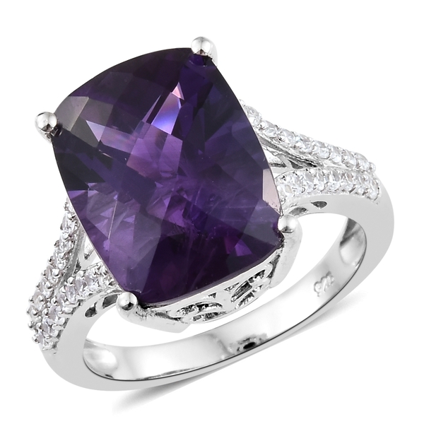 10.50 Ct Amethyst and Zircon Classic Ring in Platinum Plated Sterling Silver